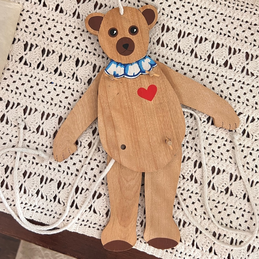 Vintage 80s Wooden Nursery Decor Baby Bear Pull String Puppet Cute
